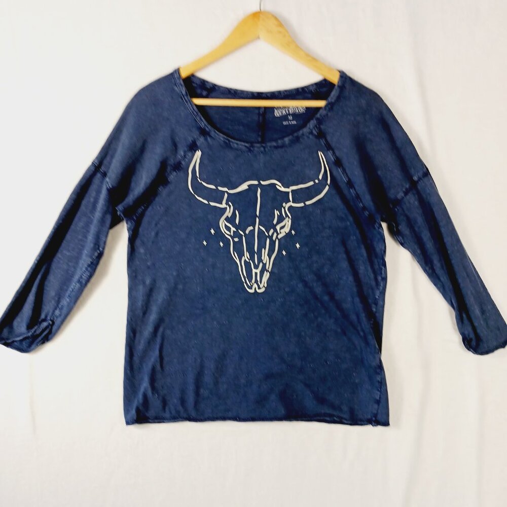 Lucky Brand, Western, Steer Skull, Navy, 3/4 Sleeve  Cotton Tee,  Medium - Picture 4 of 16